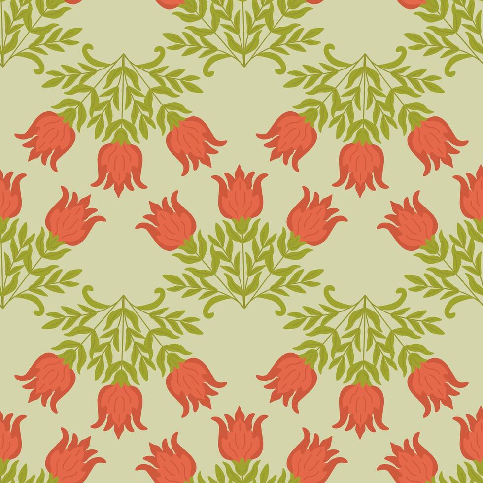 Seamless floral pattern featuring stylized red tulip flowers and green leaves on a light background. Perfect for vintage and decorative vector