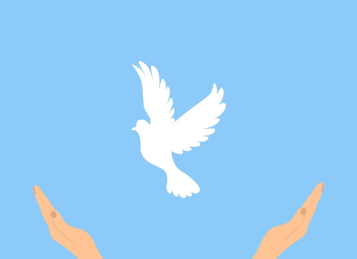Two hands reaching up to a white dove, a manifestation of the Holy Spirit on a blue background. Concept of hope, a sign of freedom and independence vector