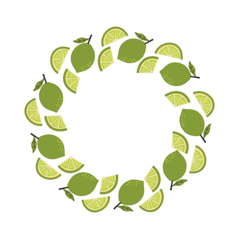 wreath with whole and sliced green limes and leaves arranged in a circle. Bright and fresh citrus design perfect for summer themes, tropical backgrounds and food packaging vector
