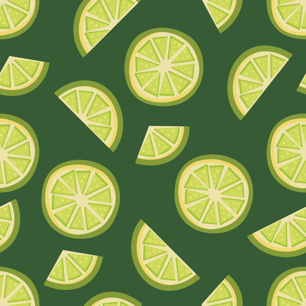 Seamless pattern featuring lime slices and wedges on a dark green background. Perfect for summer designs, food packaging, fabric, or kitchen-themed prints vector