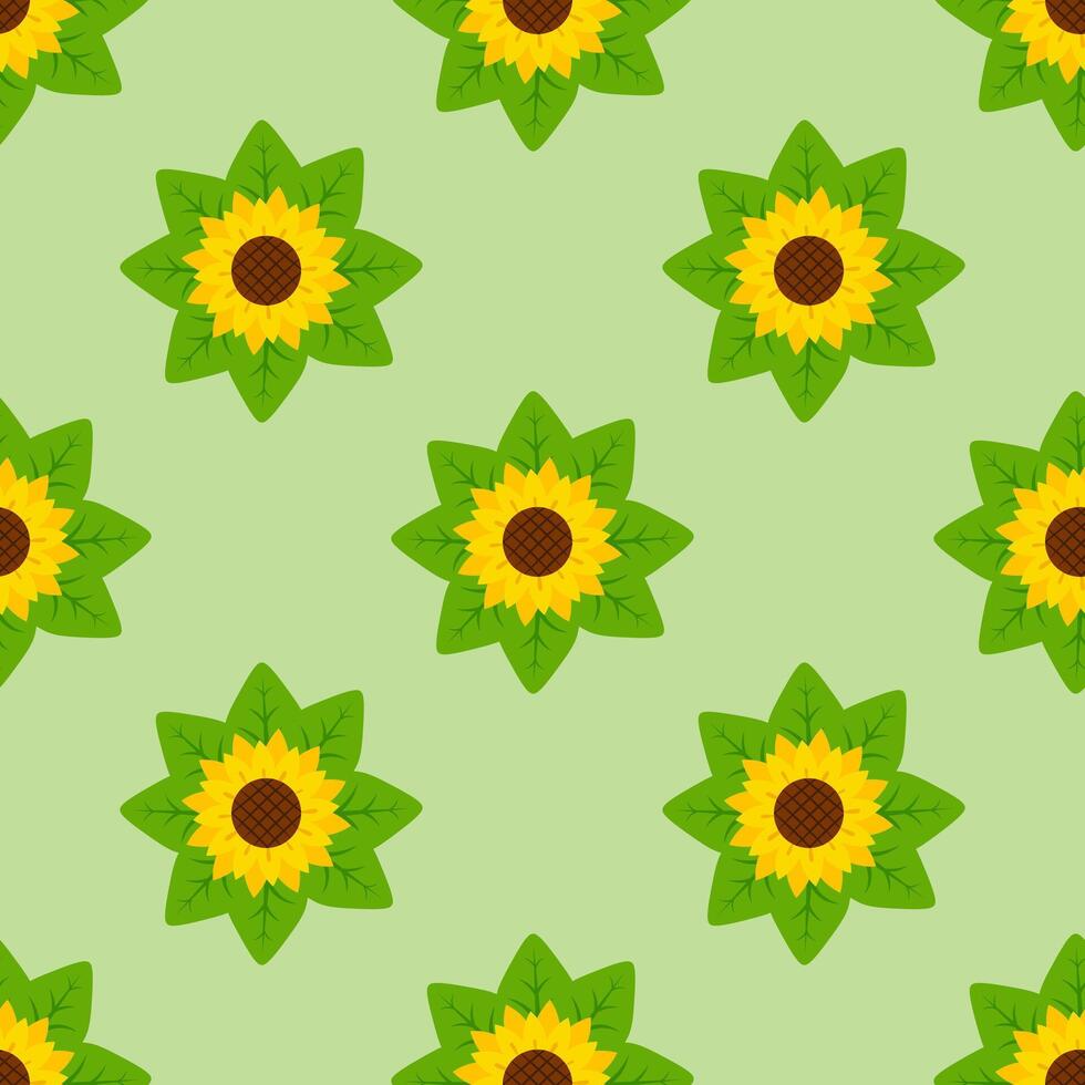 Seamless sunflower pattern with green leaves on green background. Perfect for summer textiles, wrapping paper, wallpapers, and nature-themed designs vector
