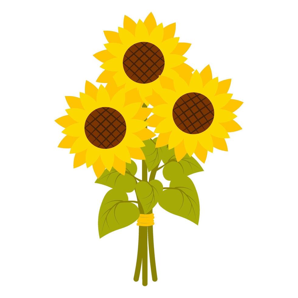 Bouquet of three sunflowers tied together with a yellow ribbon. Ideal for floral compositions, nature-themed designs, agricultural branding, and eco-friendly projects vector