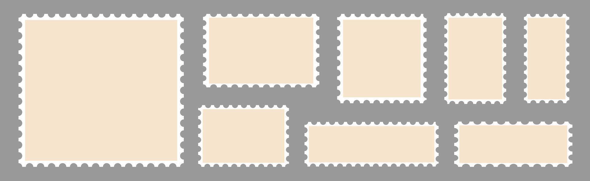 Set of postcard stamps template. Mockup postage stamps. Jagged wavy edge forms vector