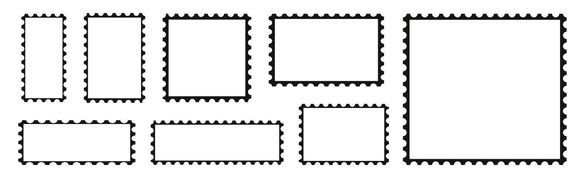 Set of postcard stamps template. Mockup postage stamps.Jagged wavy edge forms bl vector