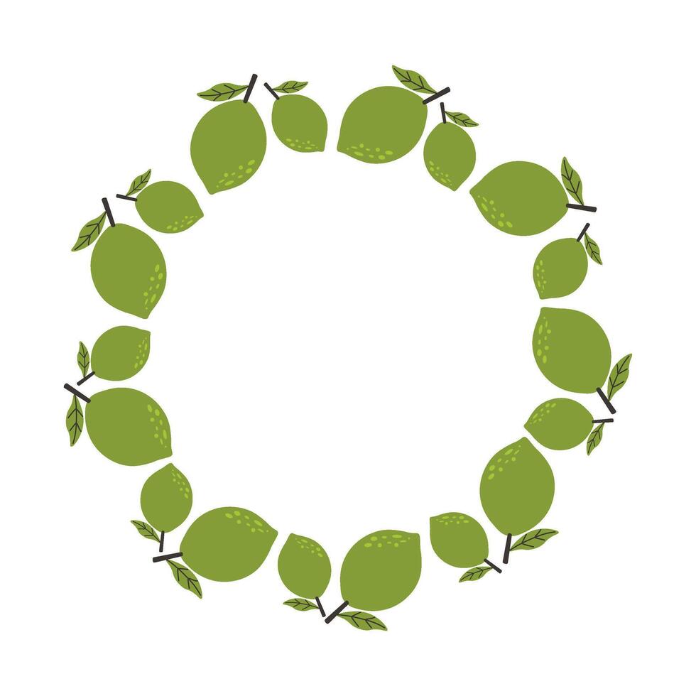 A wreath with green limes and leaves arranged in a circle. Bright and fresh citrus design perfect for summer themes, tropical backgrounds and food packaging vector