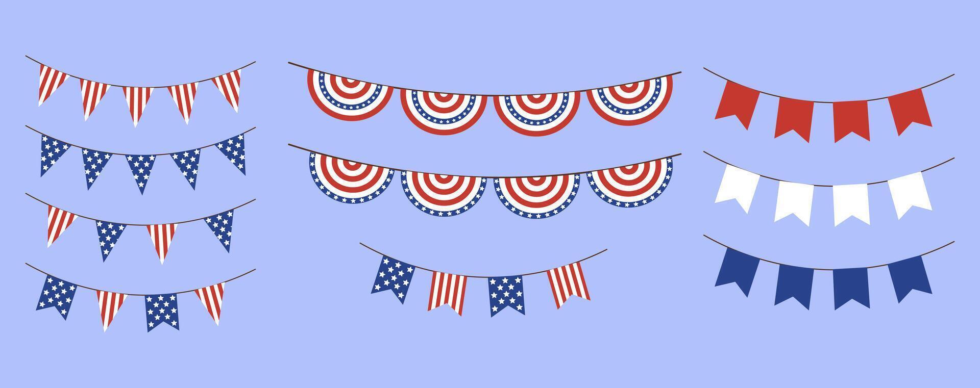 Set of patriotic bunting garlands in red, white, and blue.Includes various flag and pennant styles perfect for decorating Independence Day events and American holiday designs vector