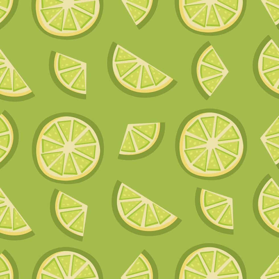 Seamless pattern featuring lime slices and wedges on a green background. Perfect for summer designs, food packaging, fabric, or kitchen-themed prints vector