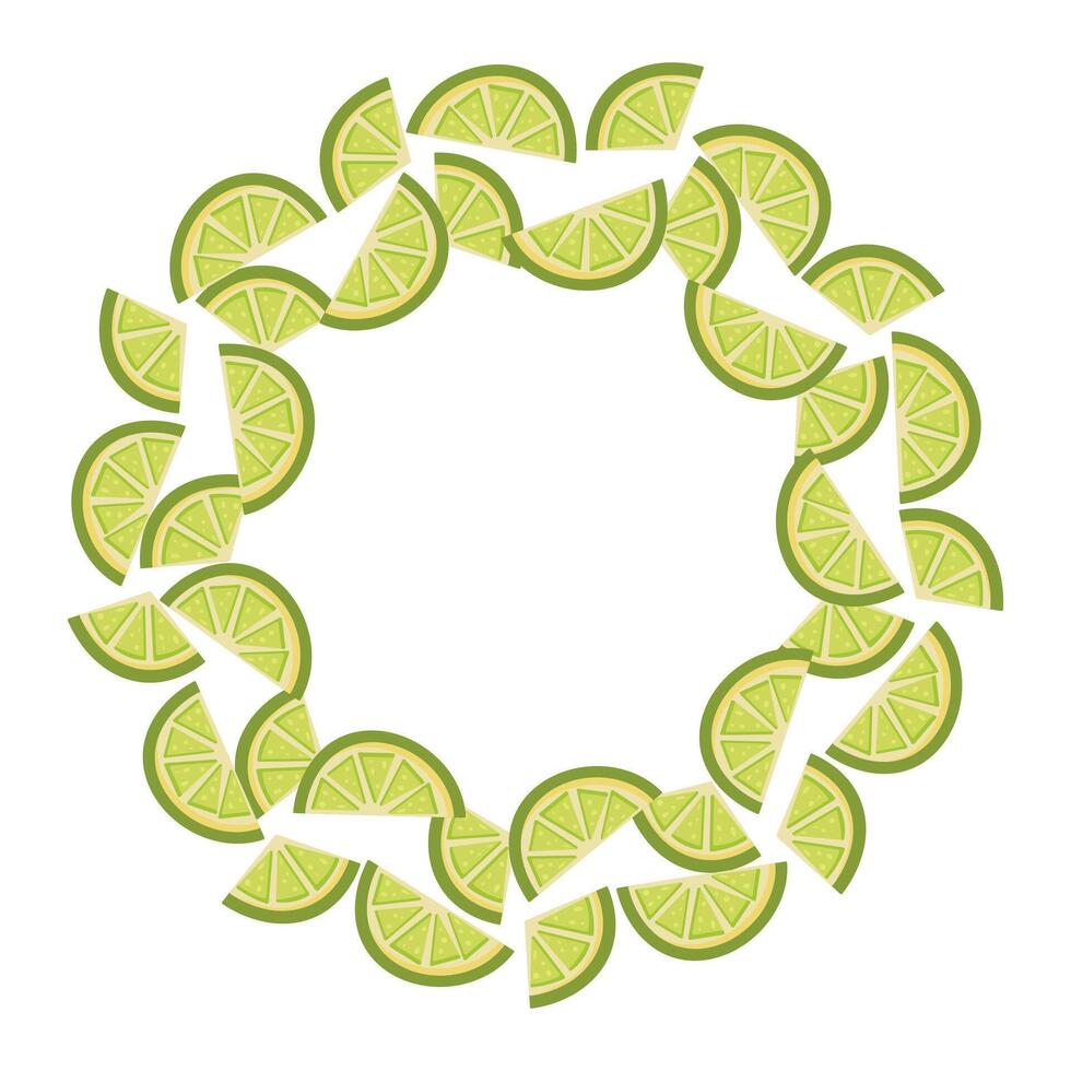 A wreath with sliced green limes arranged in a circle. Bright and fresh citrus design perfect for summer themes, tropical backgrounds, food packaging vector