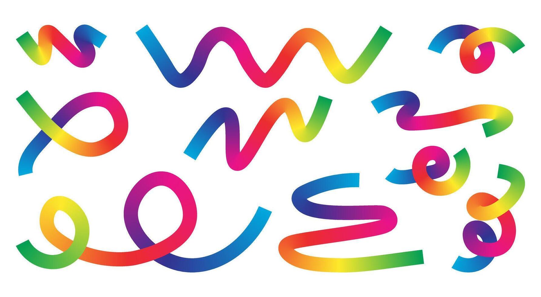 Set of colorful ribbon elements with gradient transitions in rainbow hues.Curved and twisted shapes ideal for festive designs, digital artwork and modern compositions vector