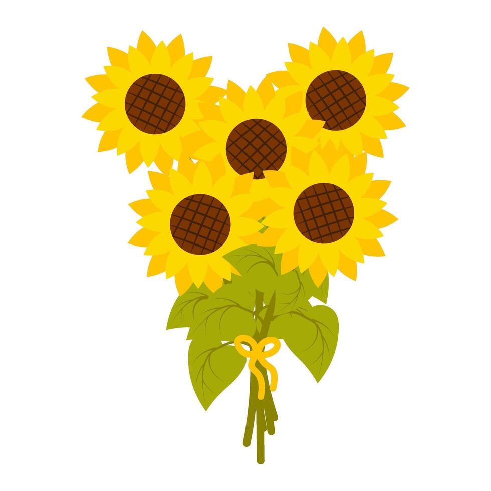 Bouquet of five sunflowers tied together with a yellow ribbon. Ideal for floral compositions, nature-themed designs, agricultural branding, and eco-friendly projects vector