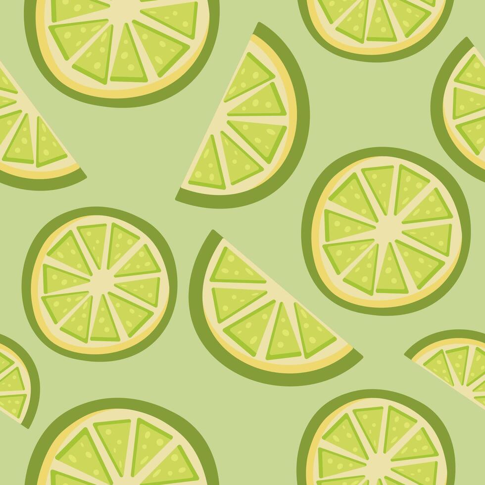 Seamless pattern featuring lime slices and wedges on a green background. Perfect for summer designs, food packaging, fabric, kitchen-themed prints vector