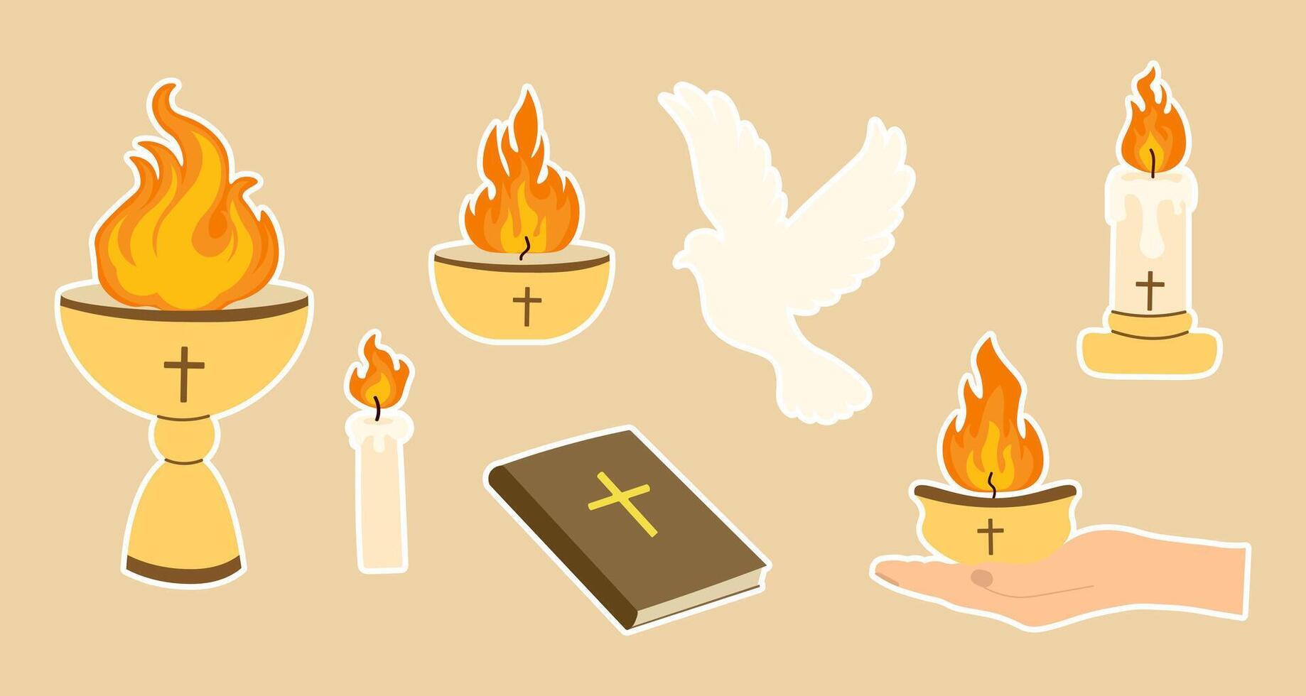 Set of stickers Pentecost Sunday elements dove of peace, flames of the Holy Spirit, Bible, burning candles, chalice, and open hand vector
