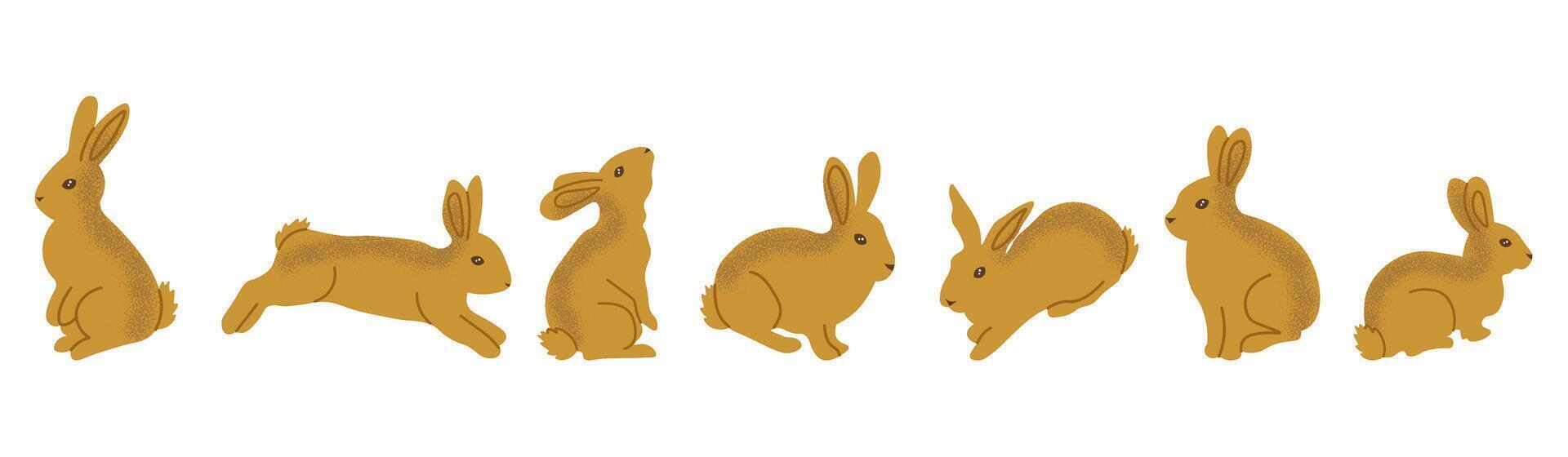Set of cute brown rabbits in different poses including sitting, jumping and crouching. Bunny clipart perfect for Easter designs, spring themes, nursery prints, cards, stickers vector