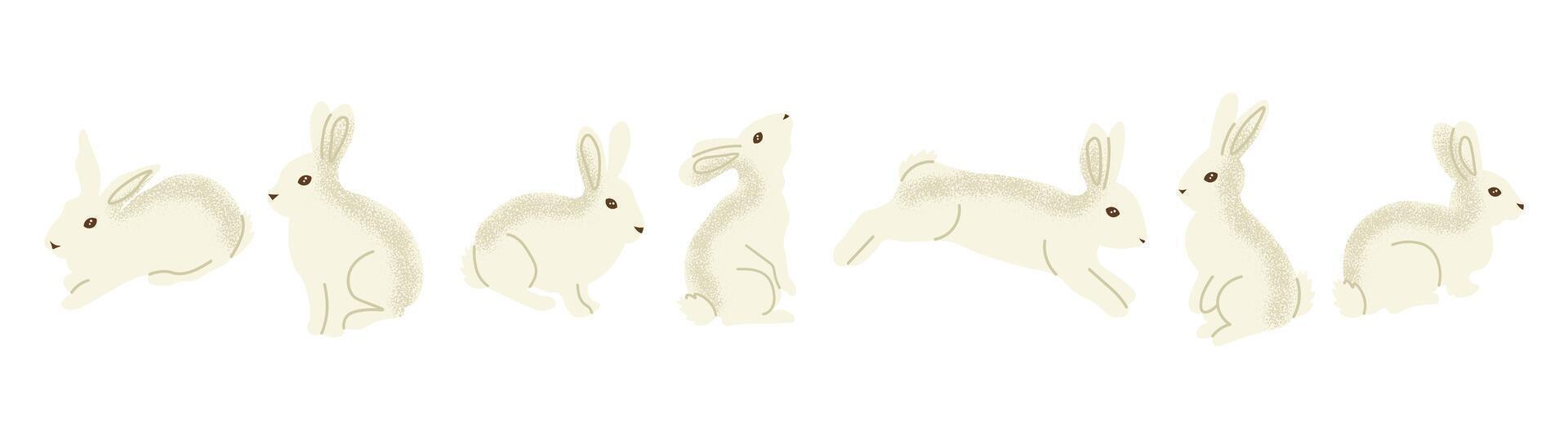 Set of cute white rabbits in different poses including sitting, jumping and crouching. Bunny clipart perfect for Easter designs, spring themes, nursery prints, cards, stickers vector