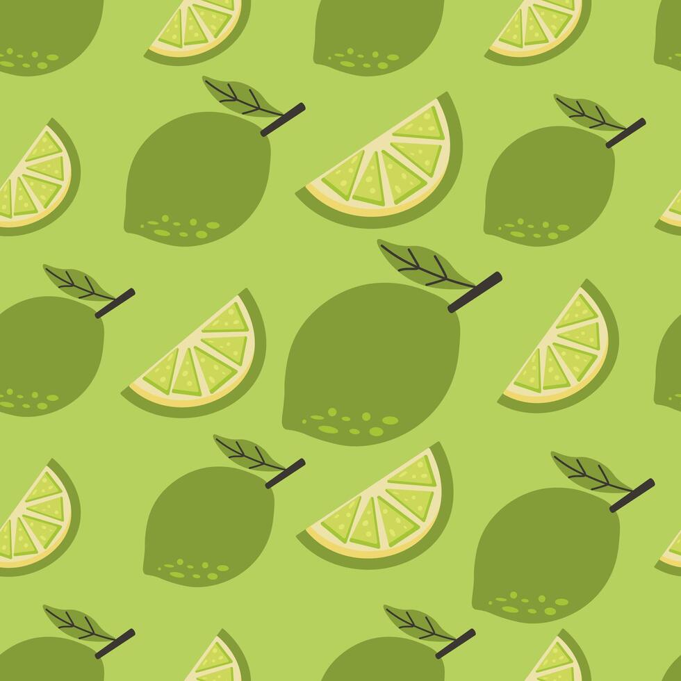 Seamless pattern featuring lime and lime slices on green background. Perfect for summer designs, food packaging, fabric, or kitchen-themed prints vector