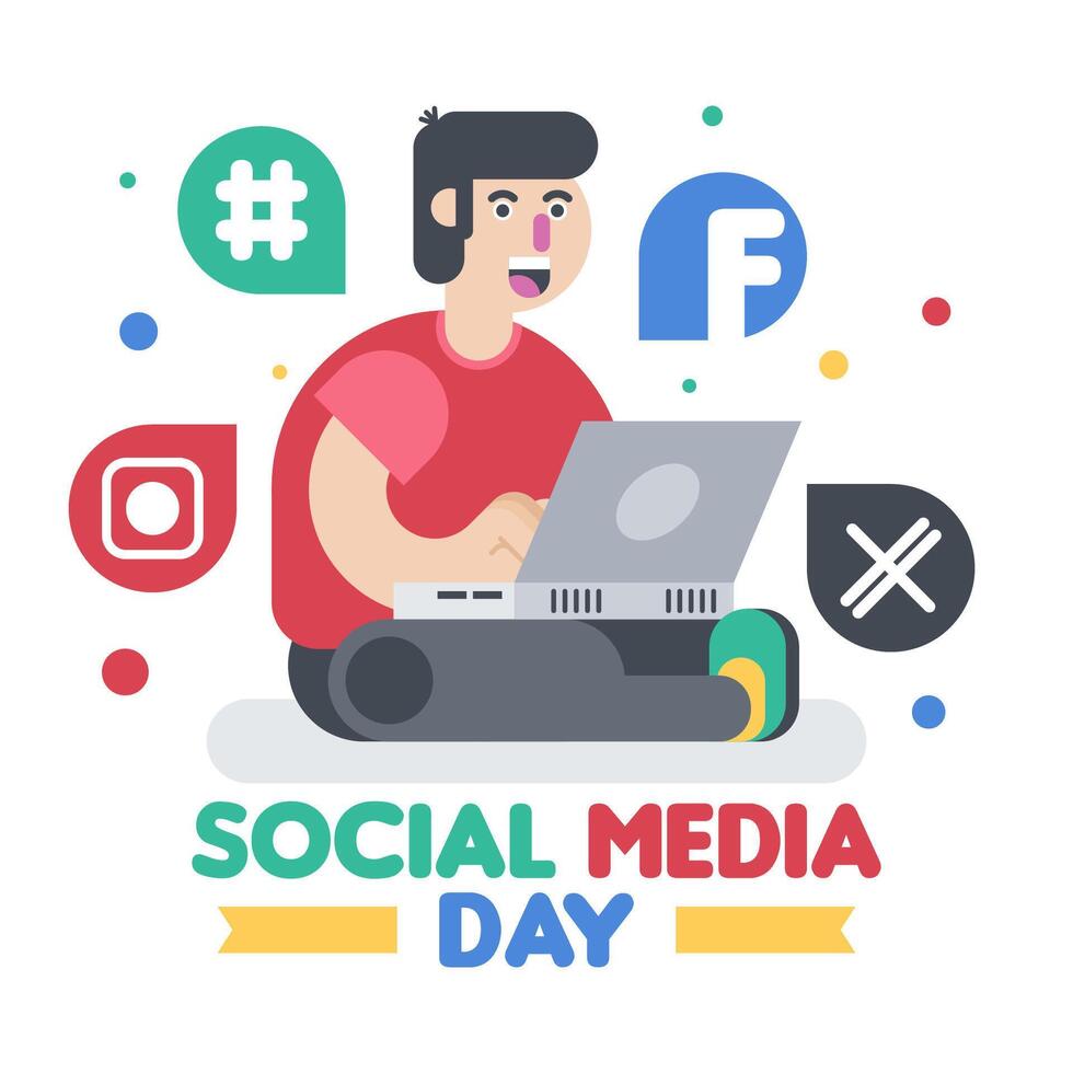 Happy social media day illustration with boy using laptop vector