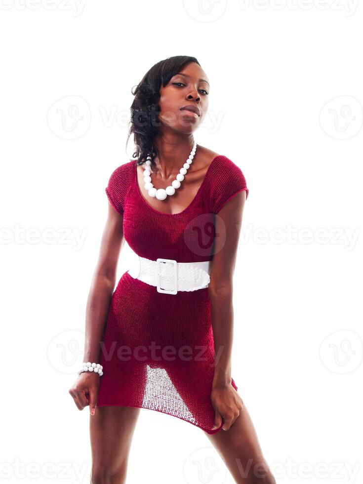 Young Slim African American Woman Standing In Red Dress photo