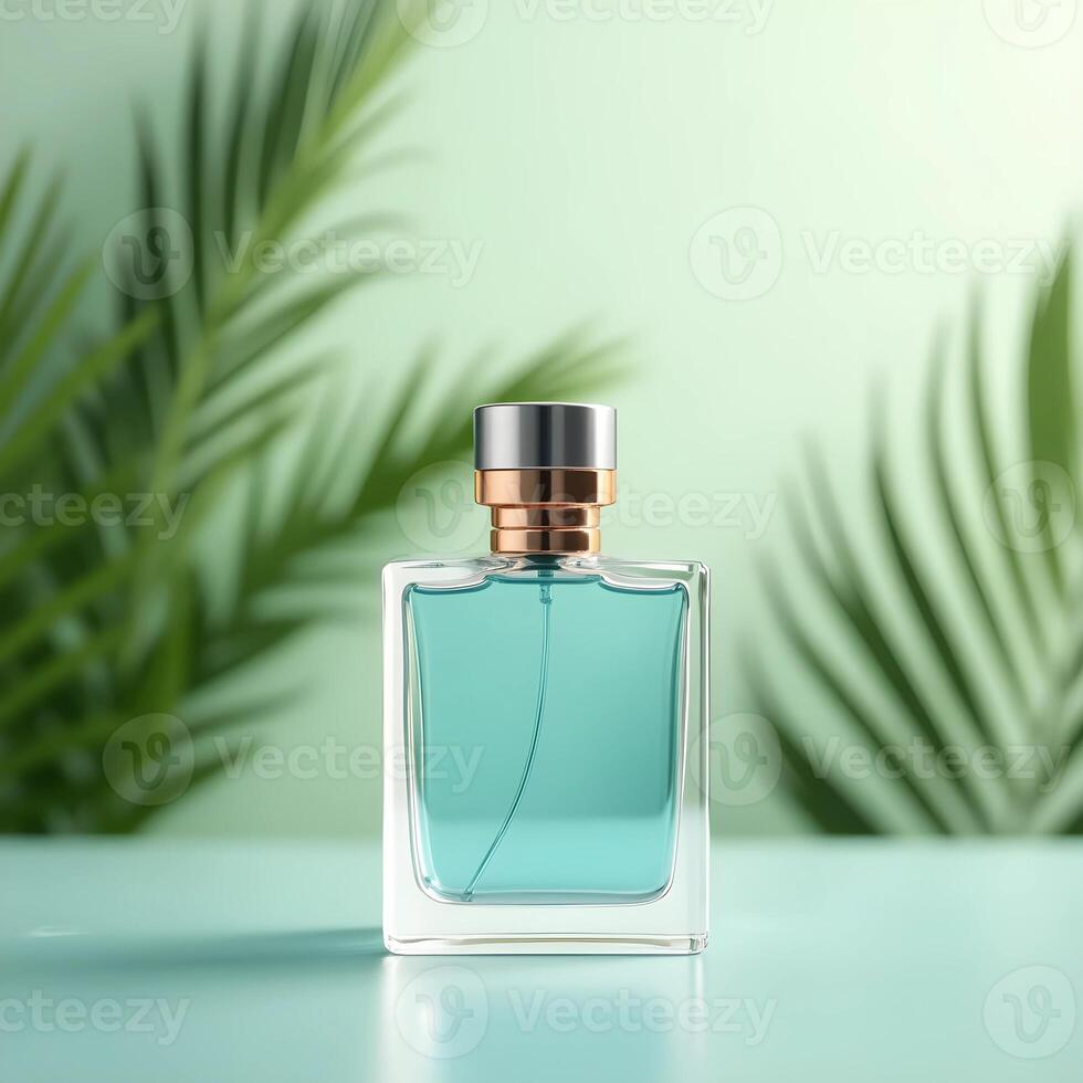 Mockup on Elegant Perfume Bottle with Green Leaves 1 photo