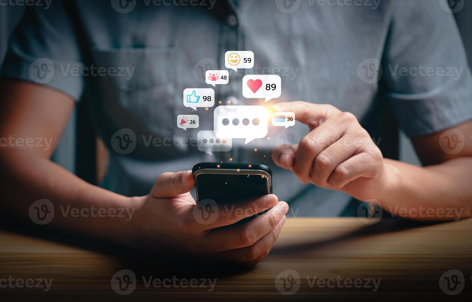 Social media interaction and online engagement concept with smartphone notifications. User touching screen to respond to likes, messages, and comments. Digital communication and network connection. photo