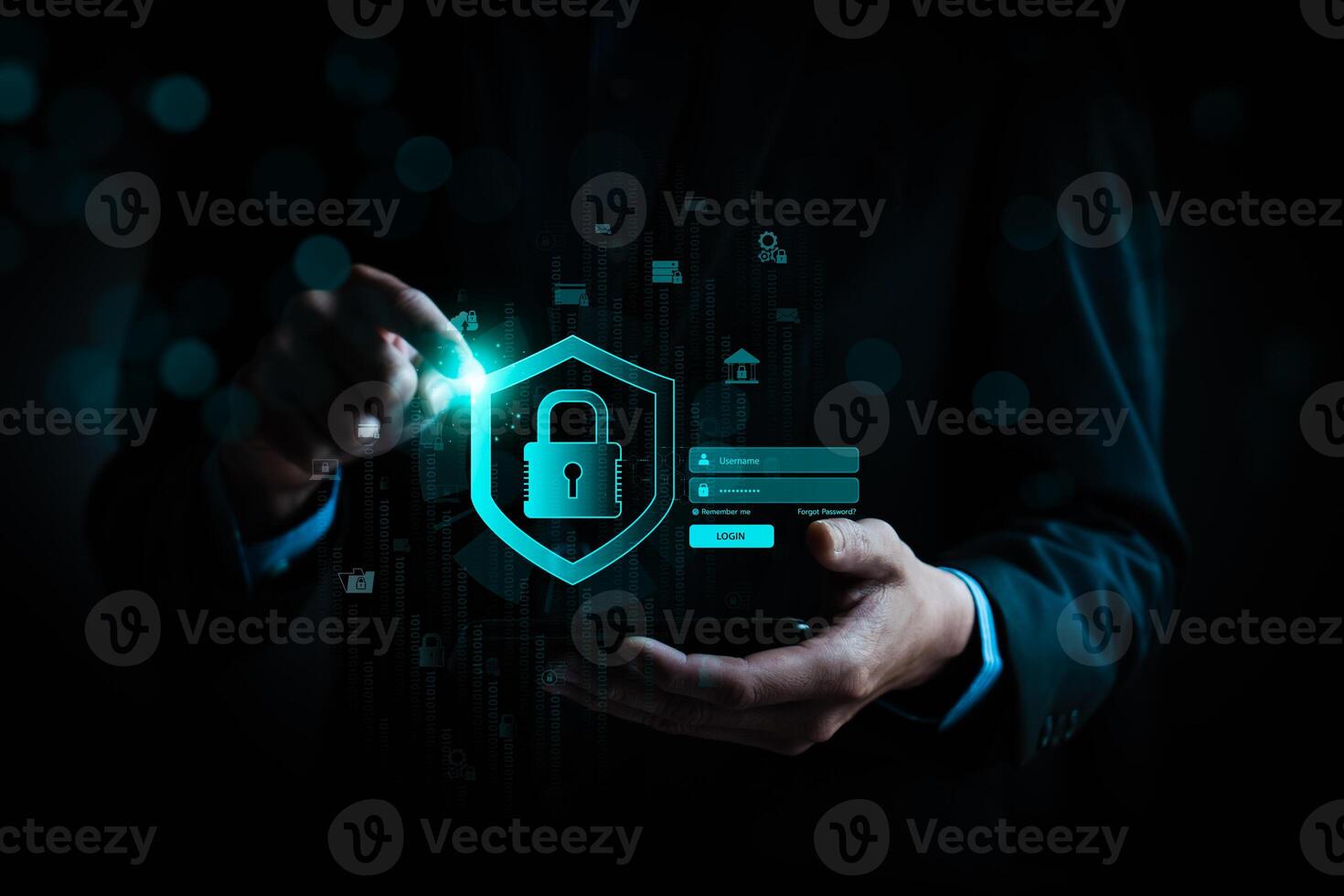 Cybersecurity and data protection concept with businessman securing online login. Digital shield with lock icon for privacy, authentication, secure access, and information security technology. photo