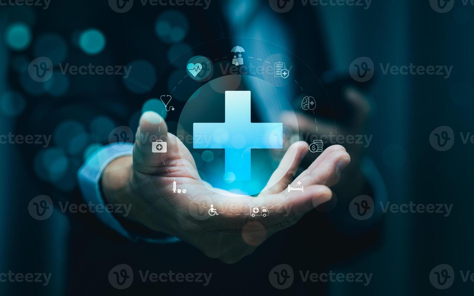 AI-Powered Healthcare Innovation with Businessman Holding Medical Cross Icon and Digital Health Symbols Representing Telemedicine, Insurance, and Virtual Medical Consultation photo