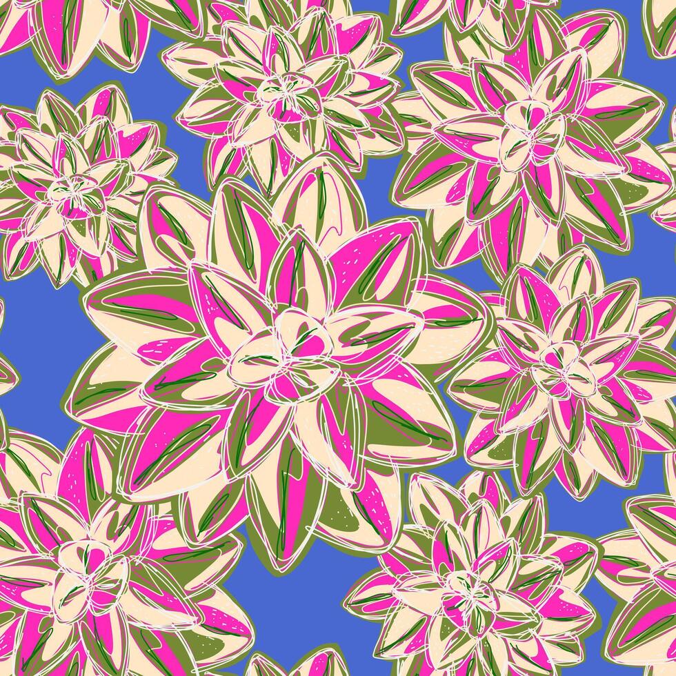 a pattern with pink and green flowers on a blue background vector