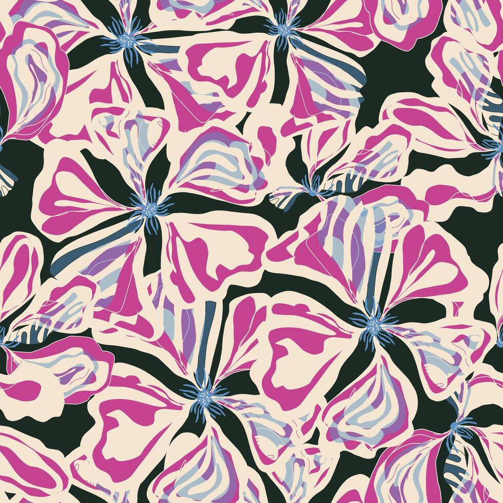 a pattern with pink and blue flowers on a black background vector