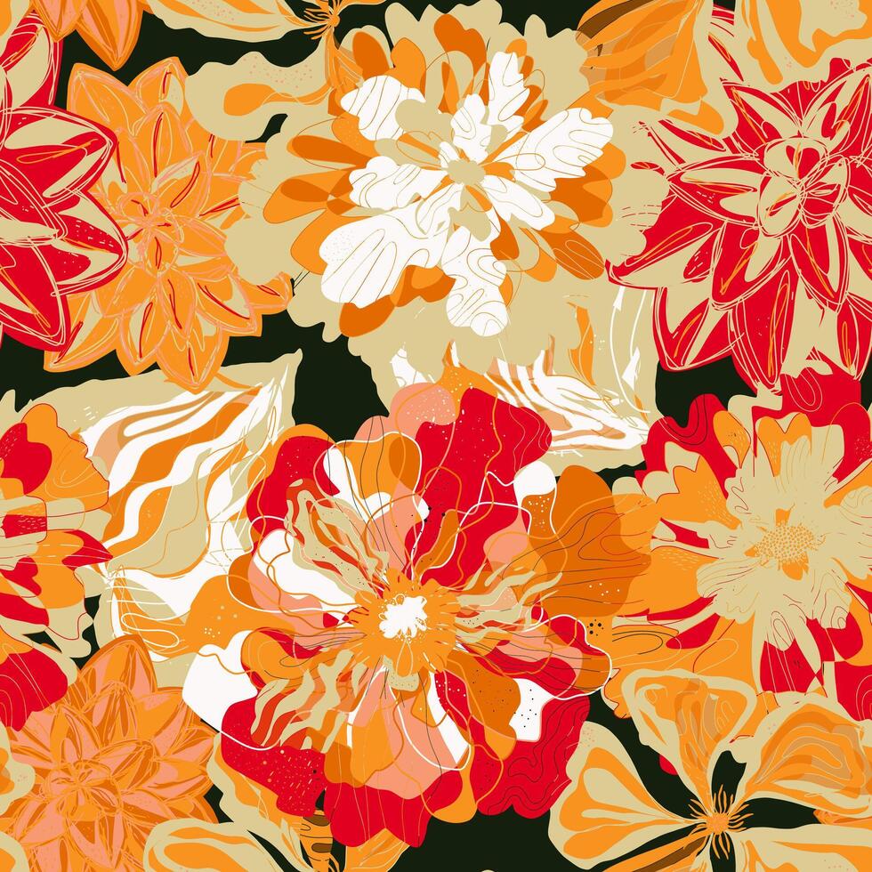 a floral pattern with orange, red and yellow flowers vector