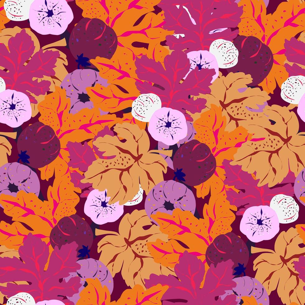 a pattern with ,leaves and flowers vector