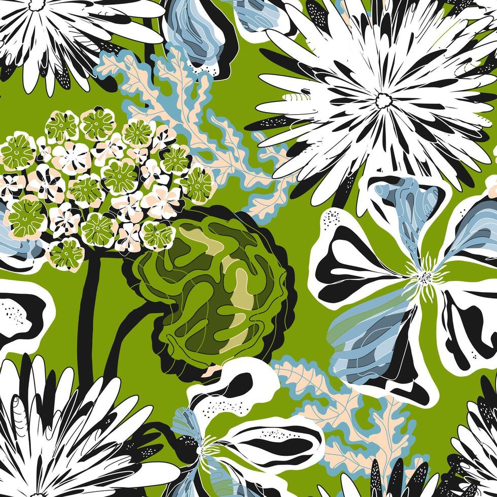 a green and white floral pattern with black and white flowers vector