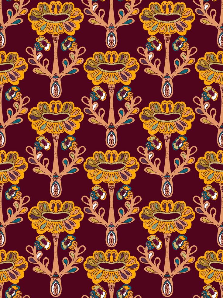 a pattern with flowers and leaves on a burgundy background vector