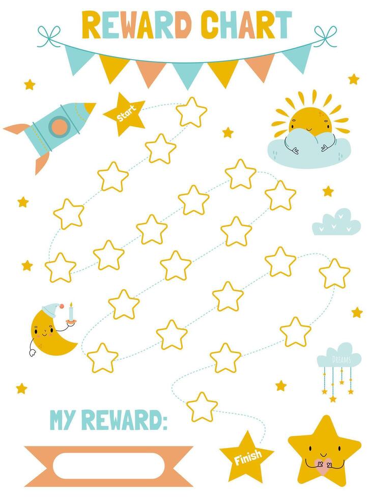 A table for tracking a child's progress in achieving a goal with cute children's elements, a rocket and stars vector