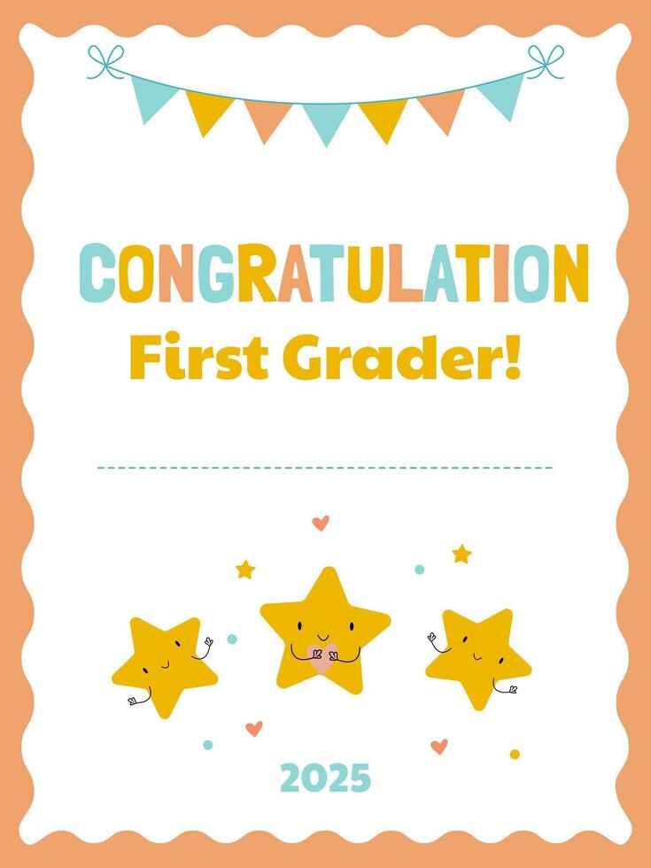 Bright diploma with congratulations for the first grader with funny stars and garland with flags vector