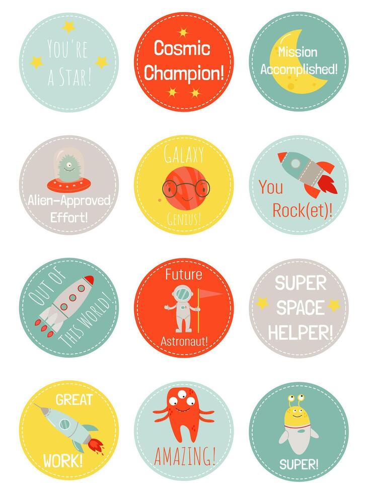 A set of motivational space-themed stickers for children with rockets, aliens and an astronaut vector