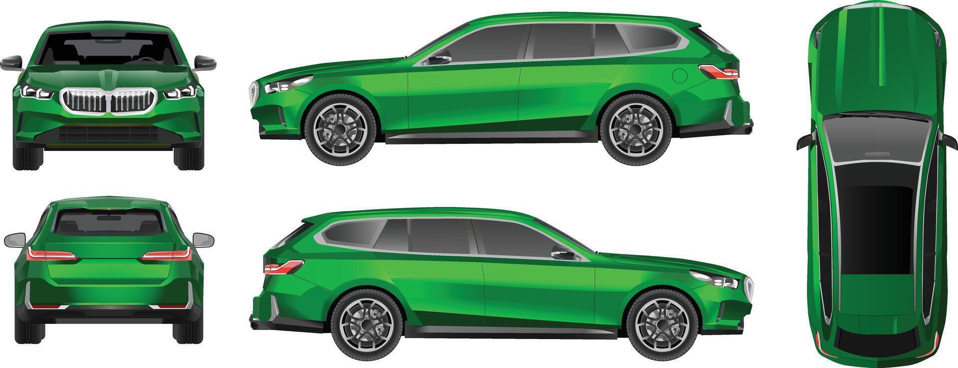 Green car Side, front, back, top view. isolated designs on white background. All elements in the groups on separate layers. vector