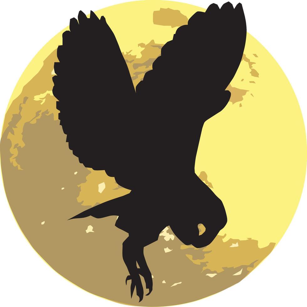 Flying owl illustration in silhouette style with full moon behind, perfect for Halloween themes and nature or gothic designs. vector