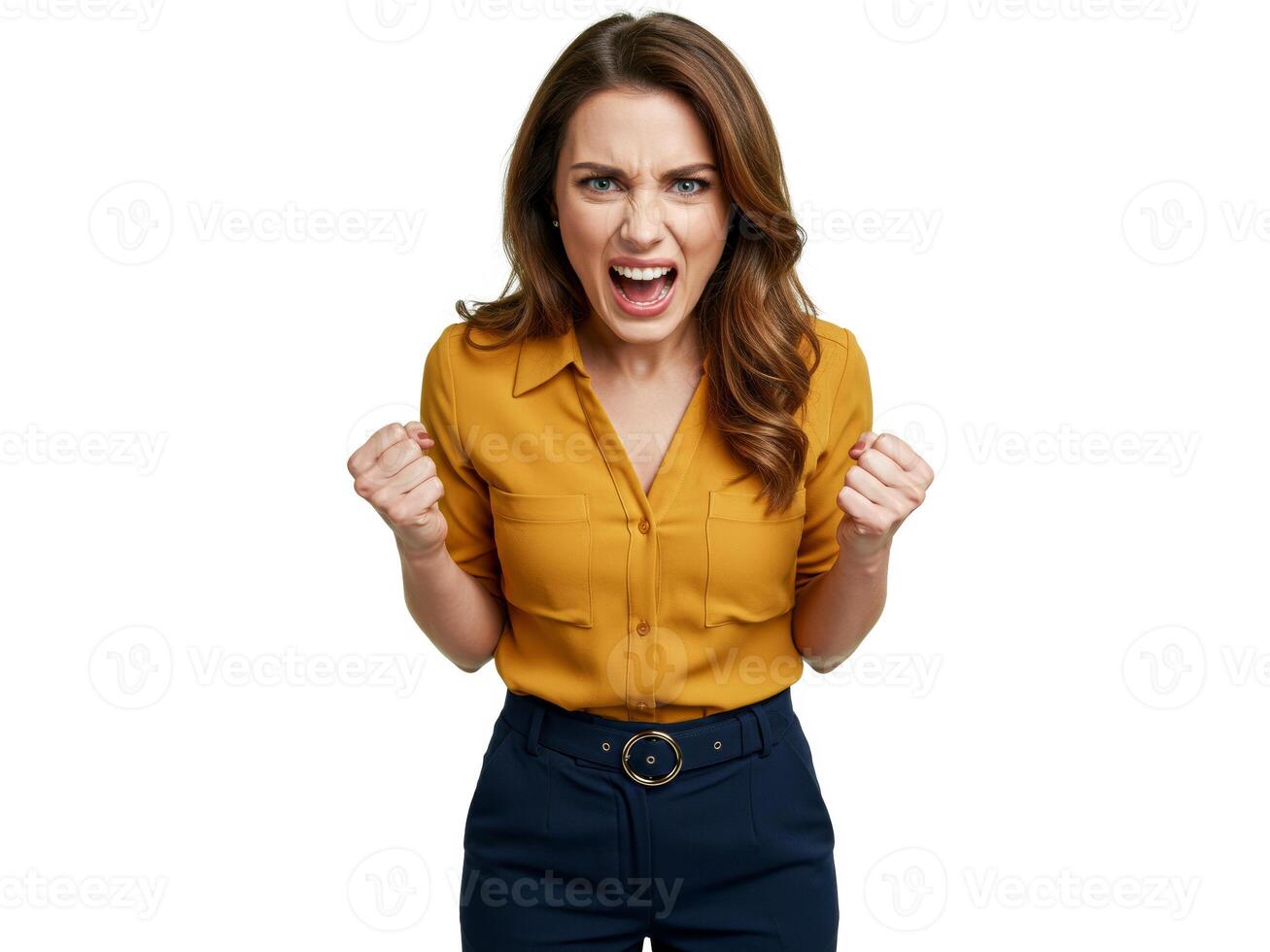 Woman in mustard blouse screaming with angry expression and clenched fists, isolated on white background photo