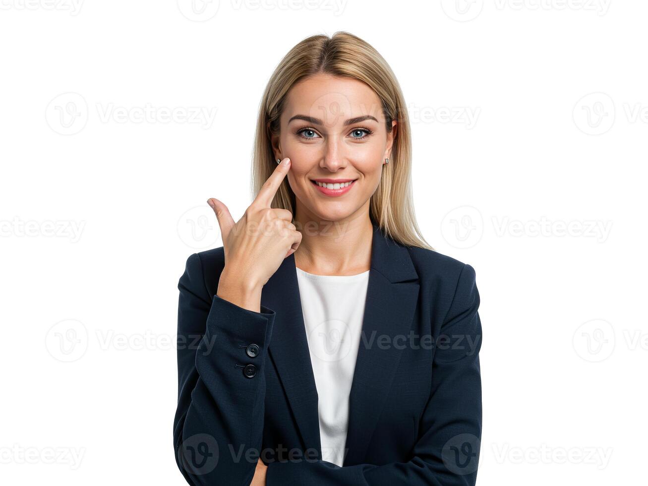 Caucasian blonde woman in suit smiling with hand on chin in thinking gesture, isolated on white background photo