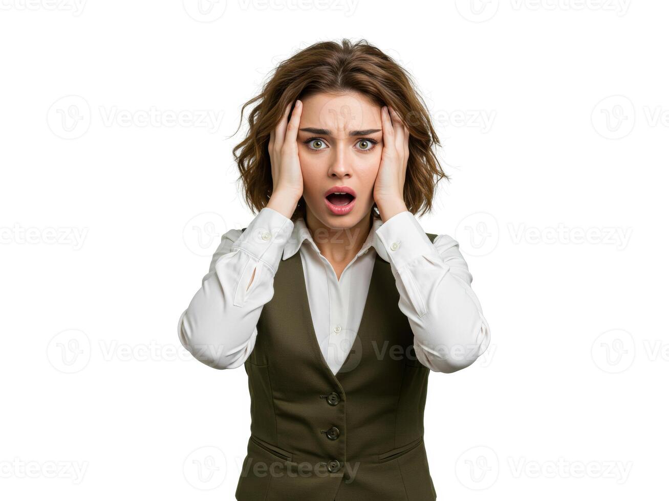 Woman holding face in shock with wide open eyes and stressed posture, isolated on white background photo