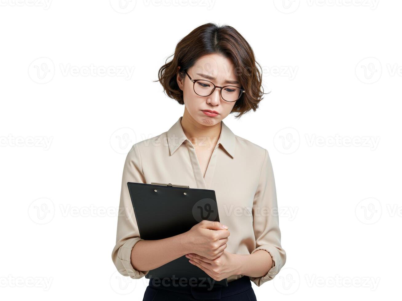 Businesswoman with glasses holding clipboard and looking down in thoughtful pose, isolated on white background photo