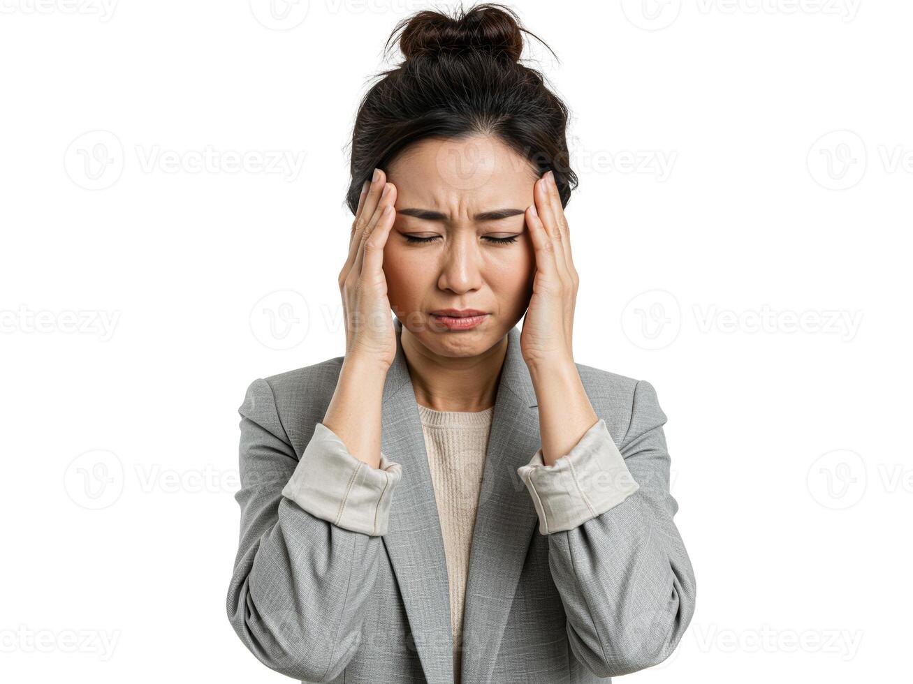 Woman holding head in stress with eyes closed and tense expression, isolated on white background photo
