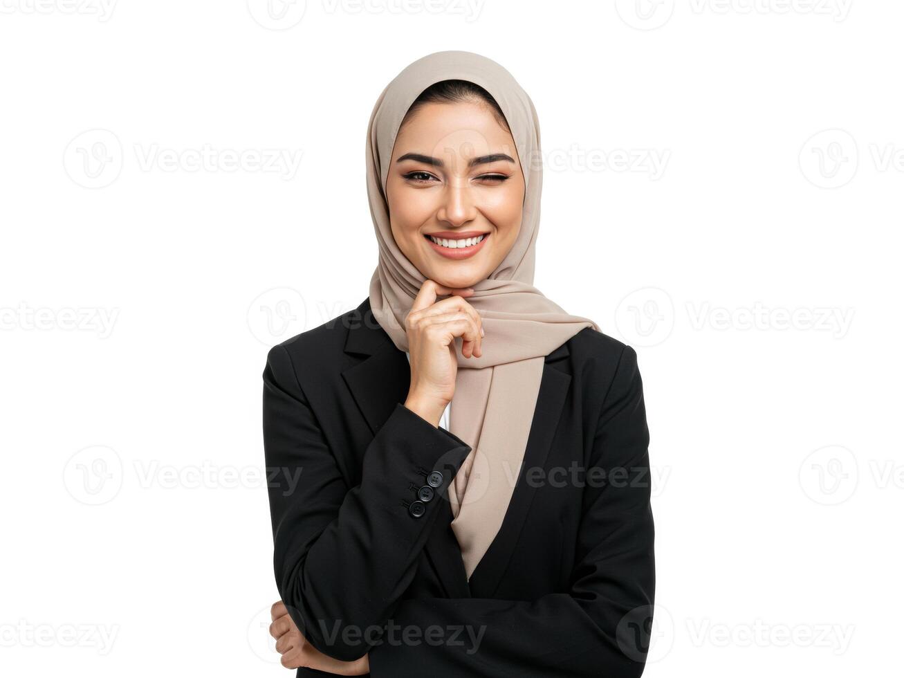 Professional woman in hijab with thoughtful pose and gentle smile, isolated on white background photo