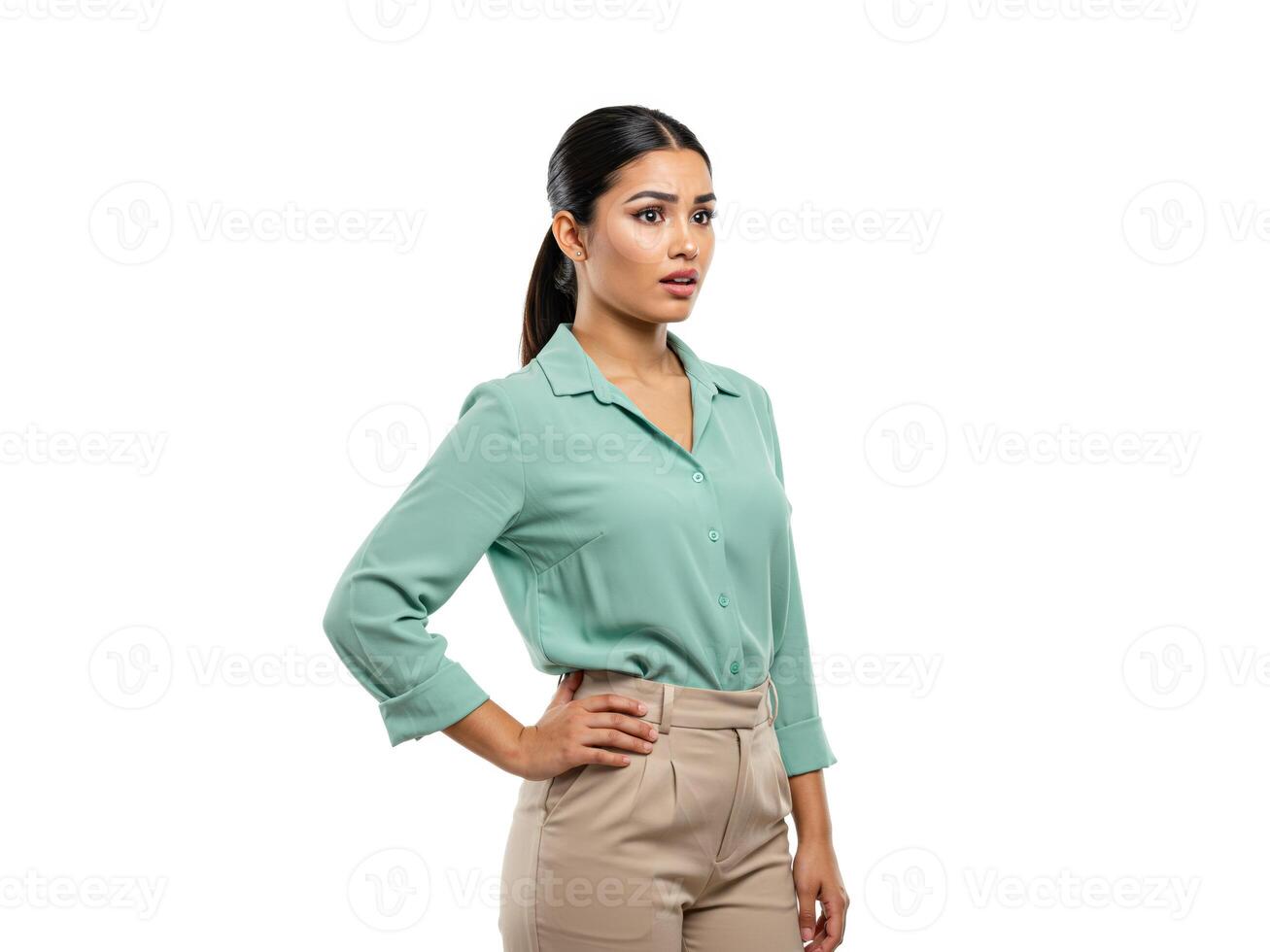 Professional woman in green blouse with confused look and one hand on waist, isolated on white background photo