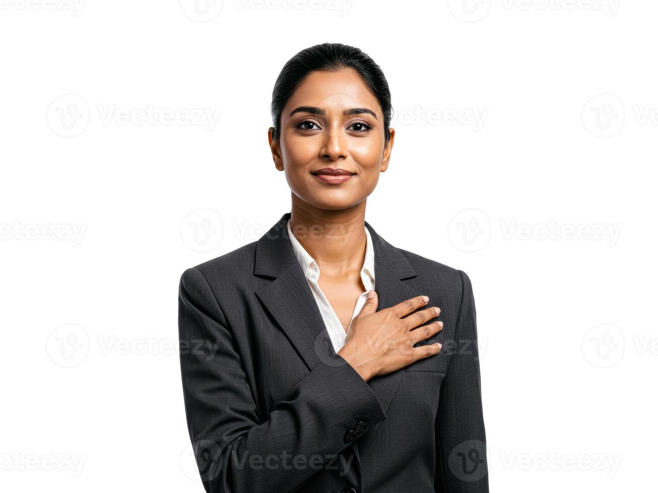 Woman with calm facial expression and hand on chest standing confidently, isolated on white background photo