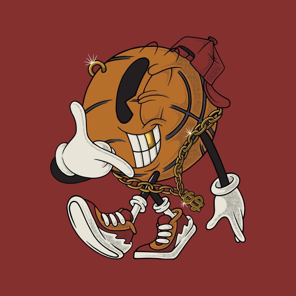 Retro Cartoon Basketball Mascot with Gold Chain and Bling vector