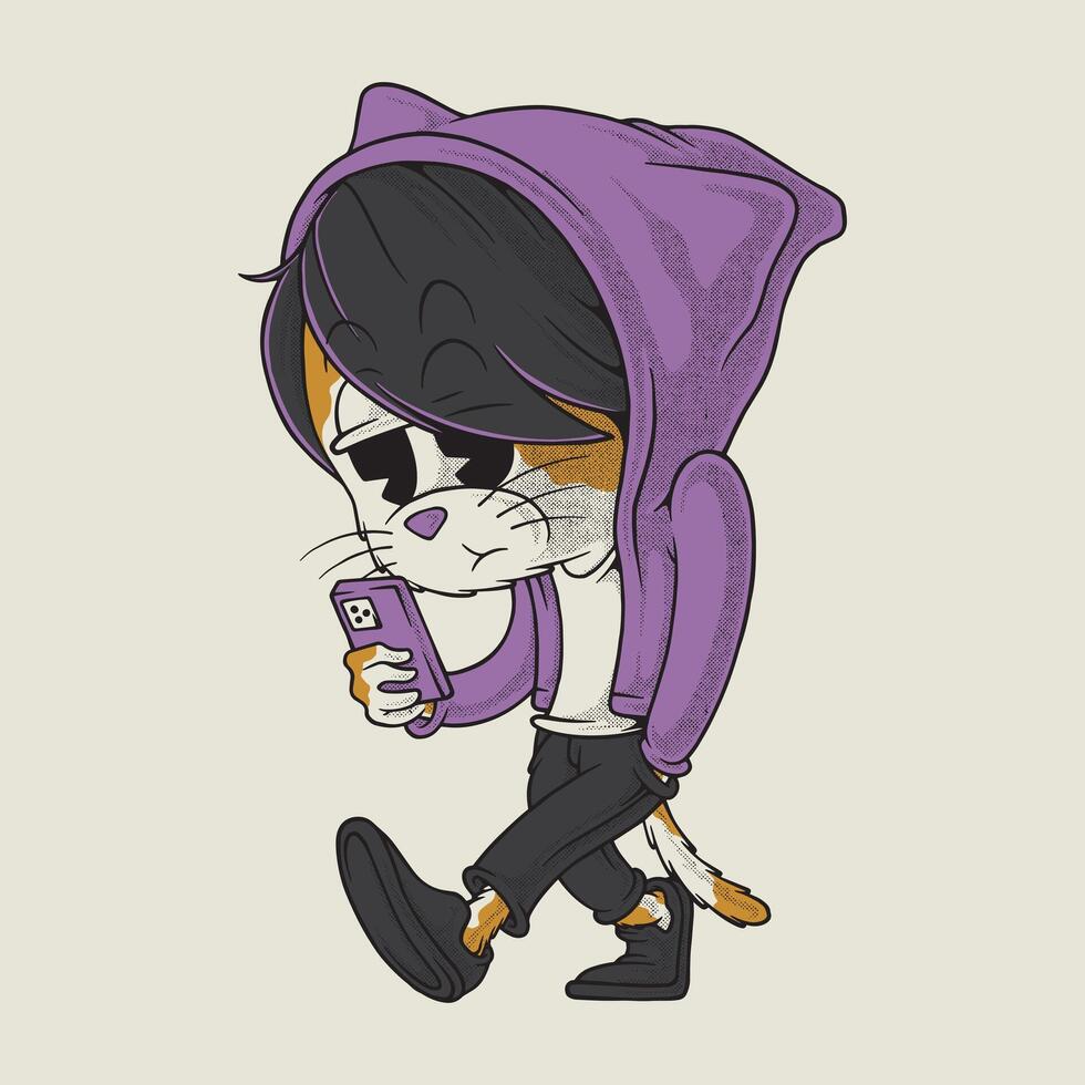 retro cartoon walking emo cat mascot holding smartphone vector