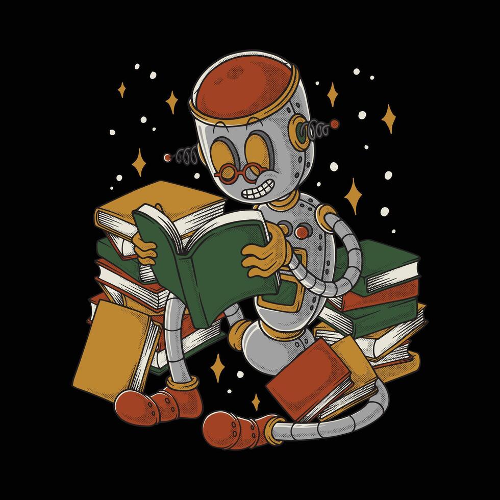 Retro Cartoon Robot Mascot Reading Among a Pile of Books vector