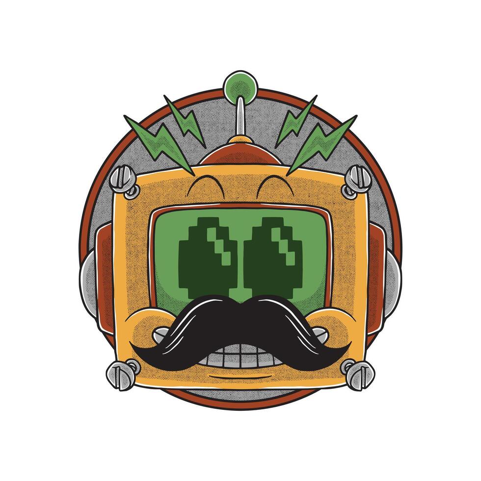 retro cartoon mustached robot head logo vector