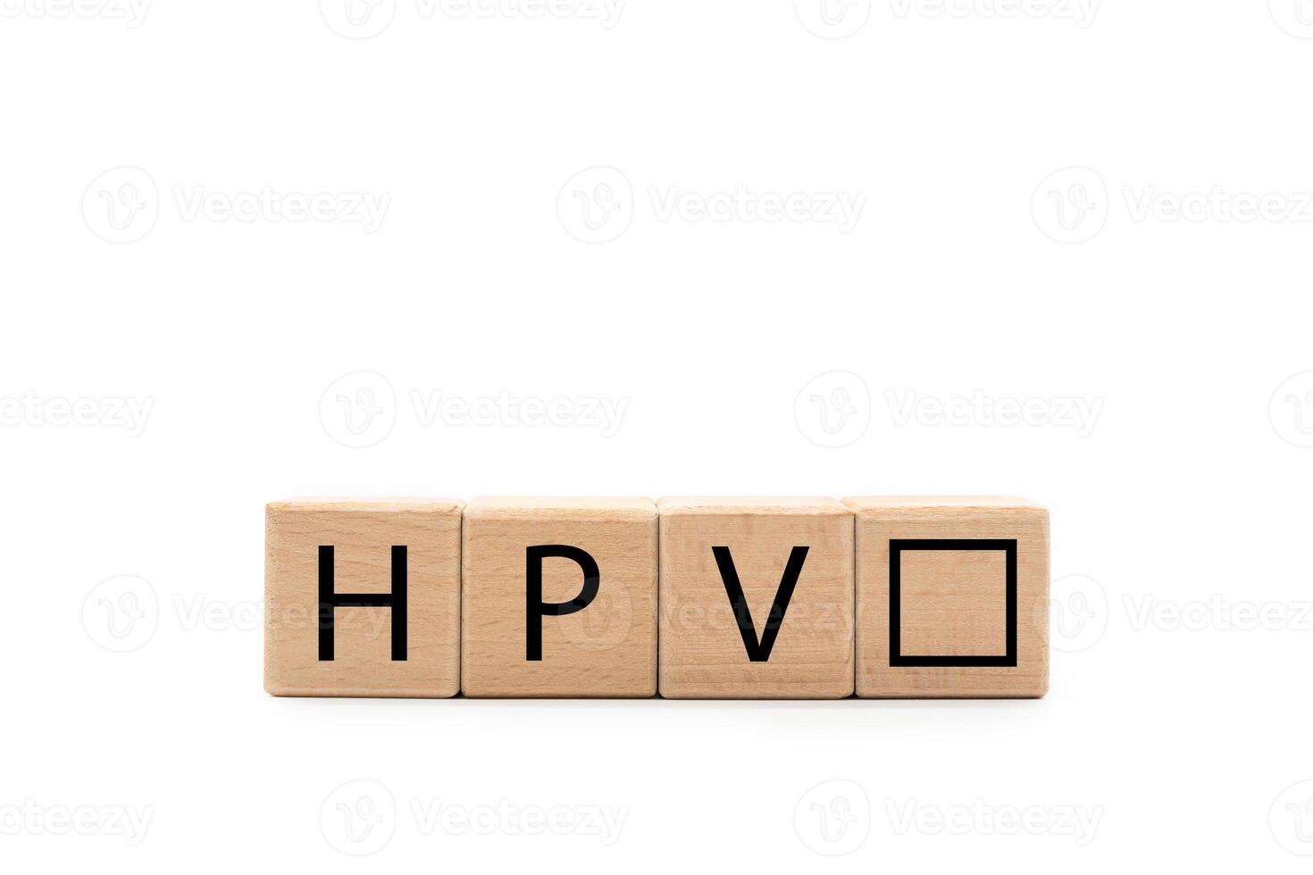 Wooden block with the letters HPV isolated on white background. Copy space and Clipping Path. Medical concept. HPV, female health concept. photo