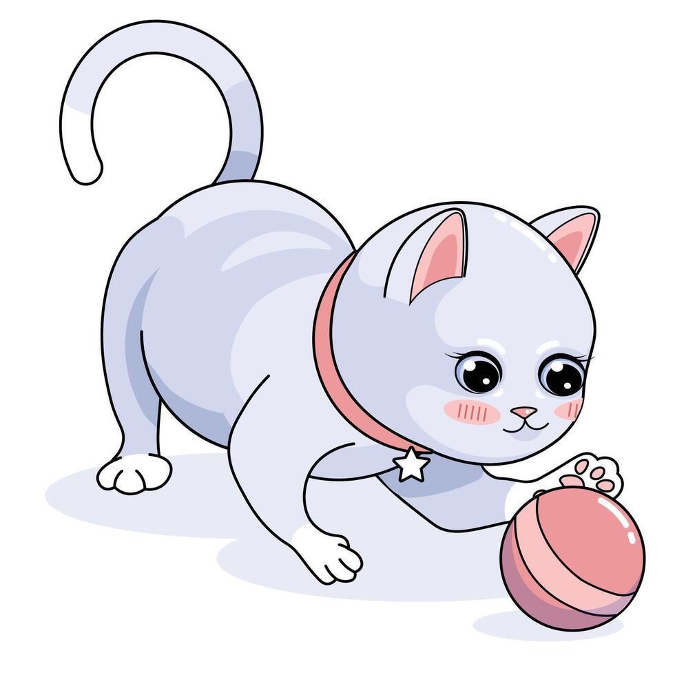 kawai cat playing with ball. Playful kitten vector